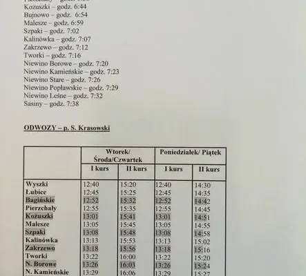 Rozkład jazdy autokarów szkolnych na I półrocze 2026/2027