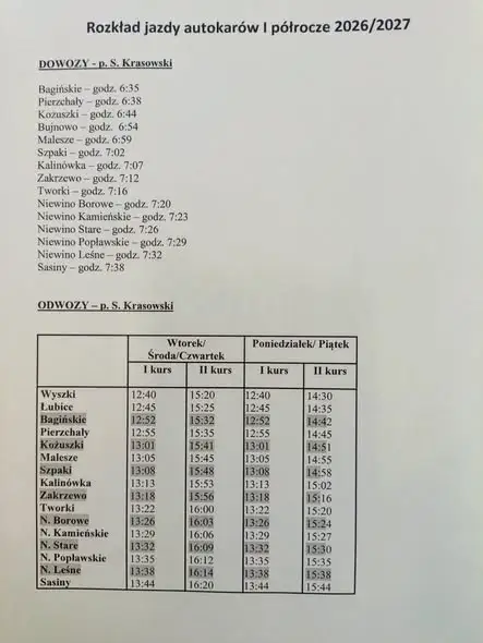 Rozkład jazdy autokarów szkolnych na I półrocze 2026/2027