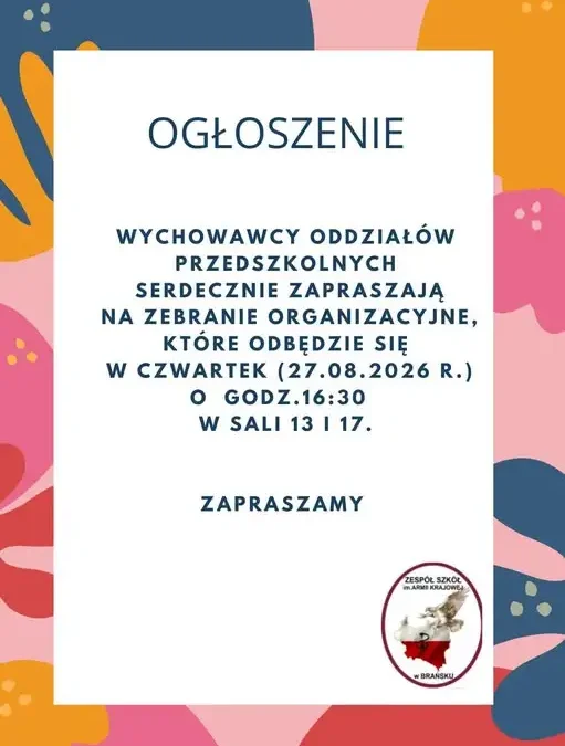 Zebranie organizacyjne w oddziałach przedszkolnych ZS w Brańsku
