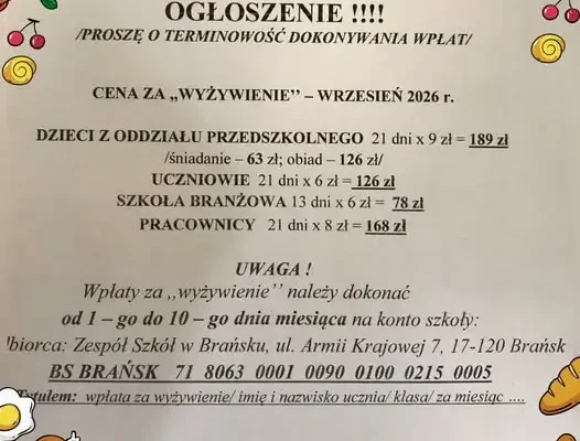 Opłaty za obiady w Zespole Szkół w Brańsku – wrzesień 2026