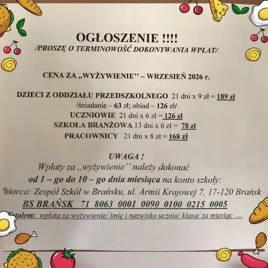 Opłaty za obiady w Zespole Szkół w Brańsku – wrzesień 2026
