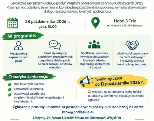 Forum Liderów Zmian na Obszarach Wiejskich – zaproszenie dla KGW, sołtysów i strażaków