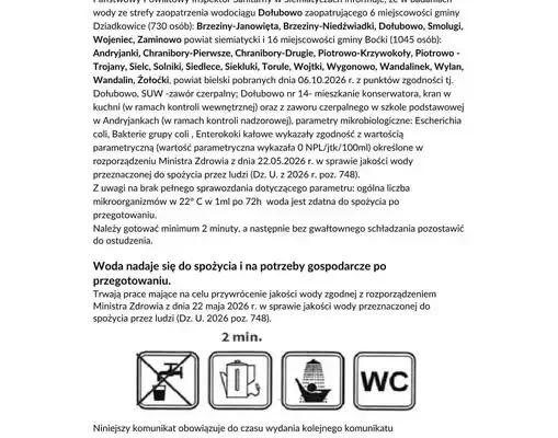 Woda z wodociągu w Dołubowie nadaje się do spożycia tylko po przegotowaniu – komunikat sanepidu