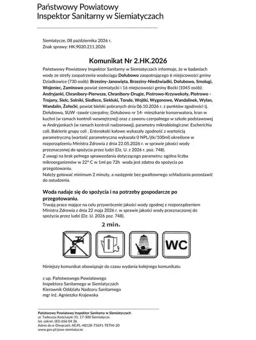 Woda z wodociągu w Dołubowie nadaje się do spożycia tylko po przegotowaniu – komunikat sanepidu