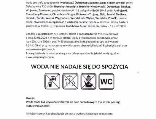 Gmina Boćki: woda z wodociągu w Dołubowie niezdatna do picia. Ruszyła dystrybucja wody zastępczej