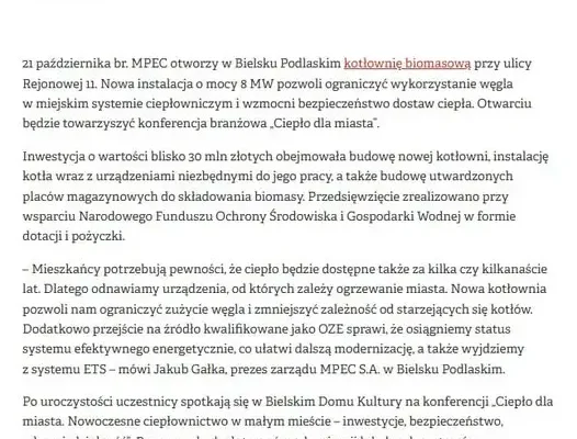 Bielsk Podlaski stawia na biomasę: nowa kotłownia MPEC za blisko 30 mln zł