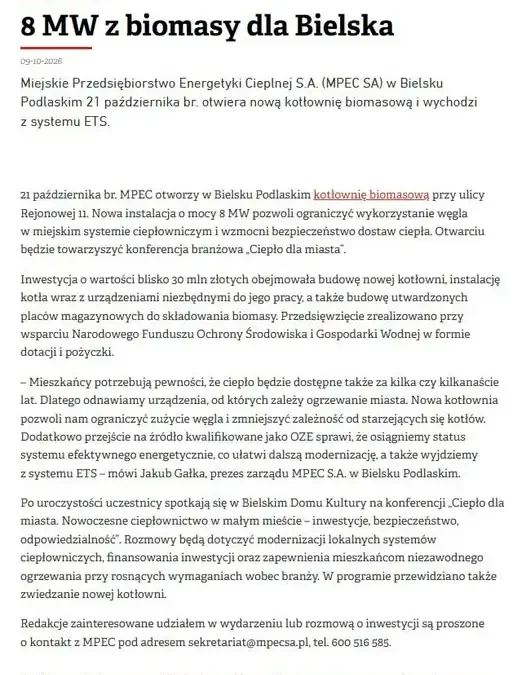 Bielsk Podlaski stawia na biomasę: nowa kotłownia MPEC za blisko 30 mln zł