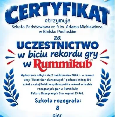 Klasa 3a z SP4 Bielsk Podlaski w Akademii Rummikub – certyfikat i nowe umiejętności