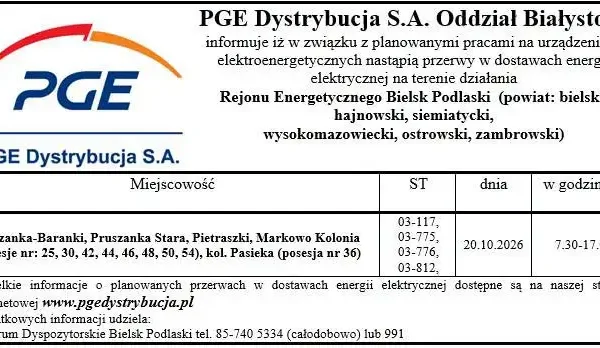 Przerwa w dostawie prądu 20 października w gminie Pruszanka
