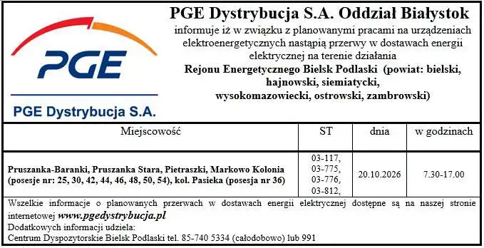 Przerwa w dostawie prądu 20 października w gminie Pruszanka